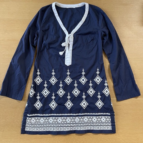 Women's Athleta Size S Navy White Embroidered Coverup Dress Long Sleeve - Picture 1 of 9